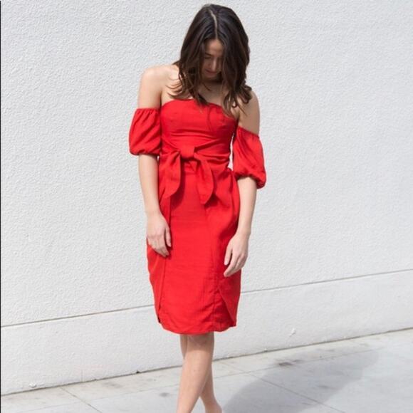 LPA Red Off Shoulder Midi Dress XS - Picture 1 of 9